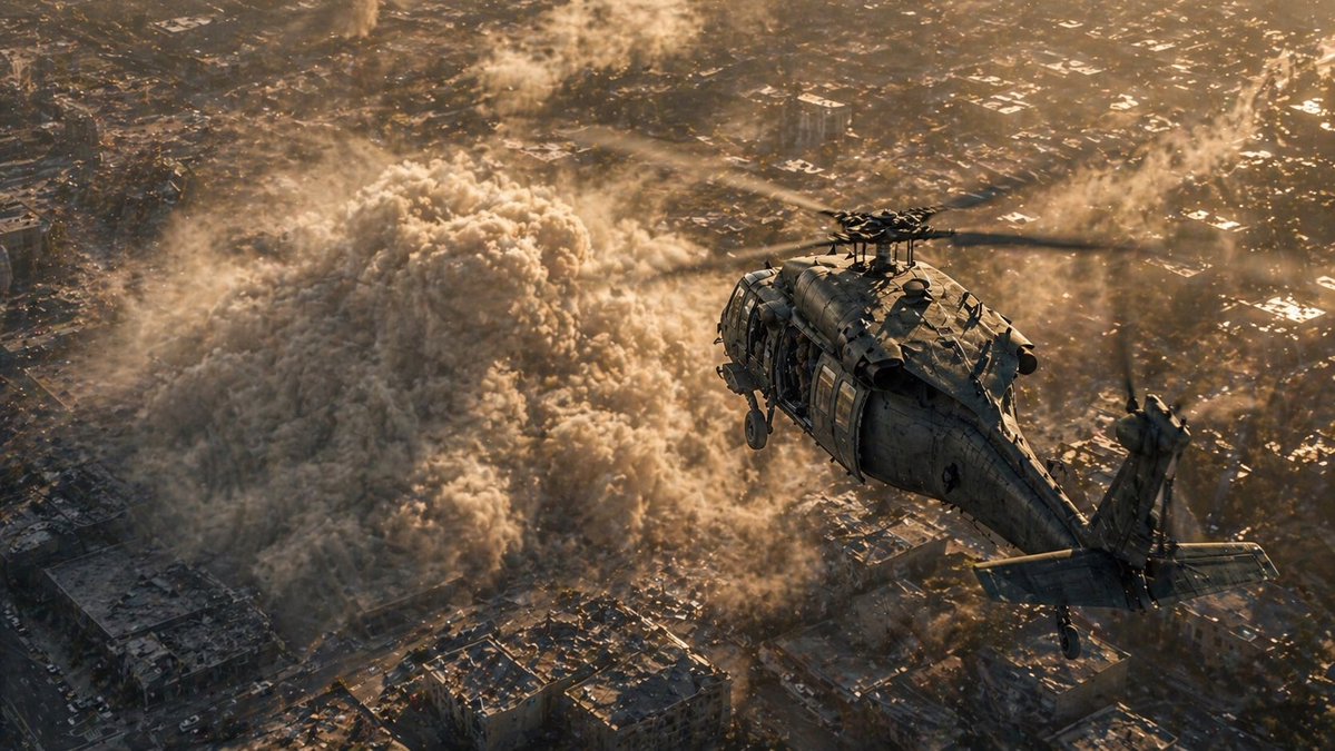 Helicopter Over Dust Cloud — Cinematic Sora 2 Prompt