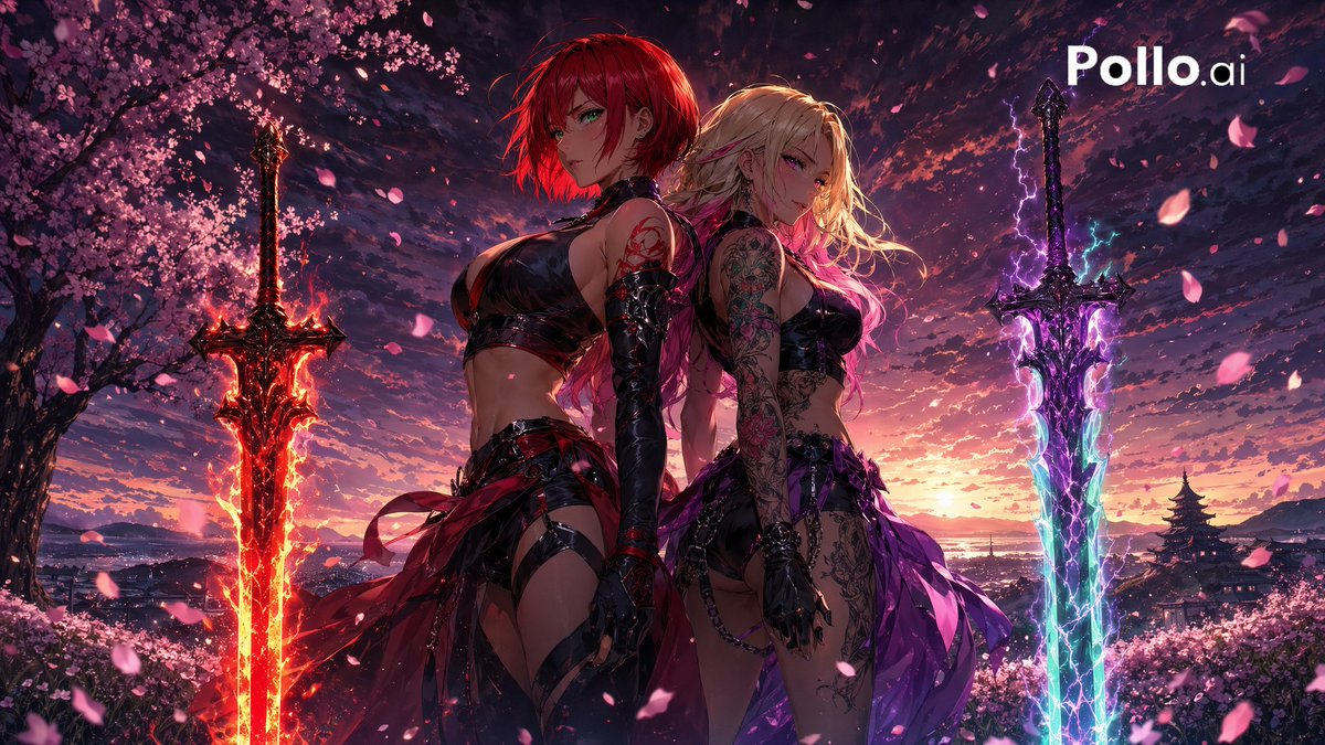 Dual Warrior Women in Cherry Blossom at Sunset — Sora 2 Prompt