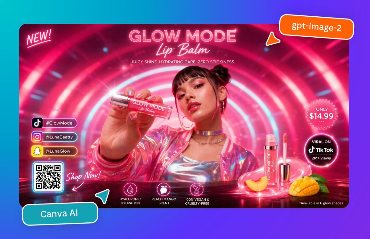 Neon Glow Mode Lip Balm Ad Poster — Sora 2 Prompt