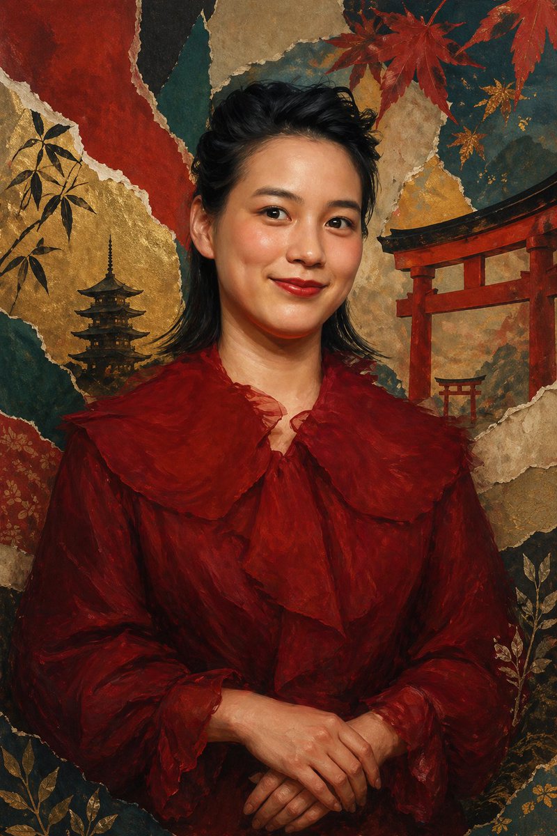 Japanese Collage Portrait with Burgundy Ruffles — AI Prompt