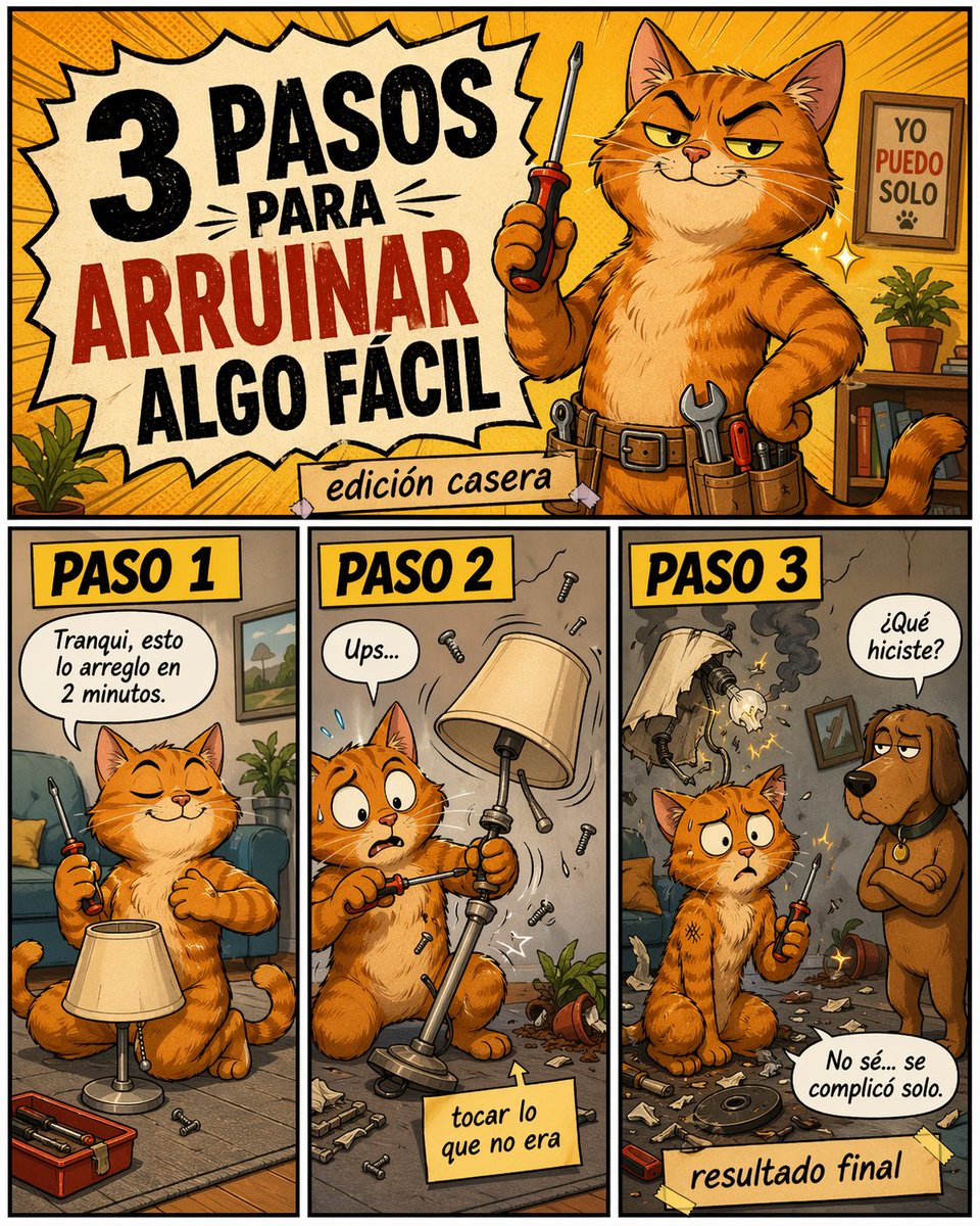 Spanish Comic: Cat DIY Disaster in 3 Steps — Sora 2 Prompt