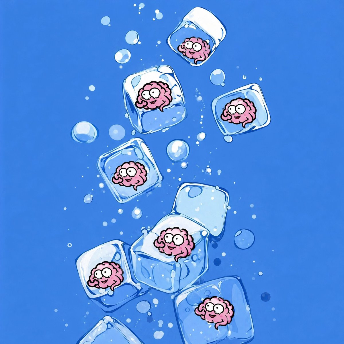 Cute Frozen Brains in Ice Cubes — Cartoon Underwater Art