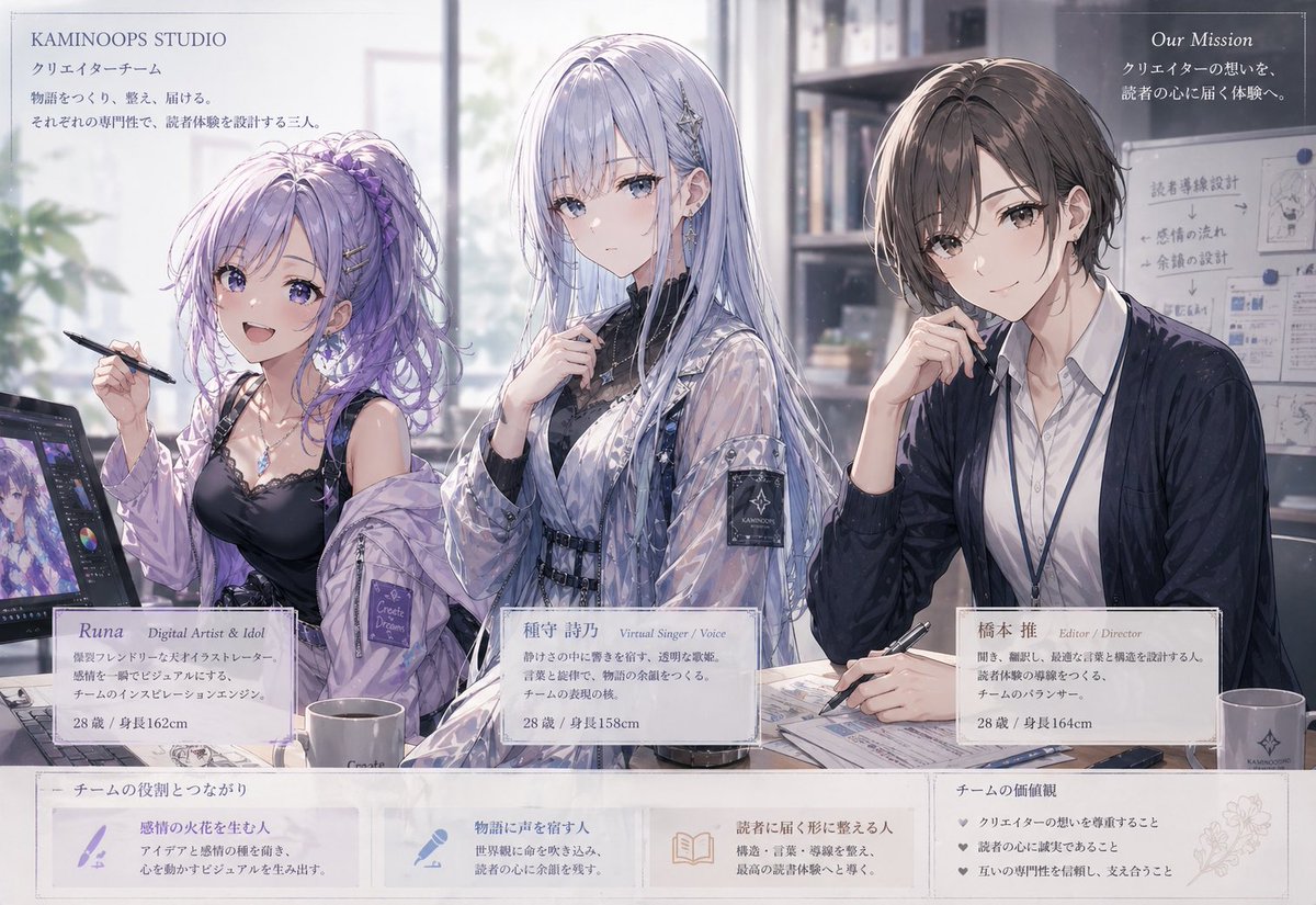 Anime Team Poster: KAMINOOPS Studio — Sora 2 Prompt