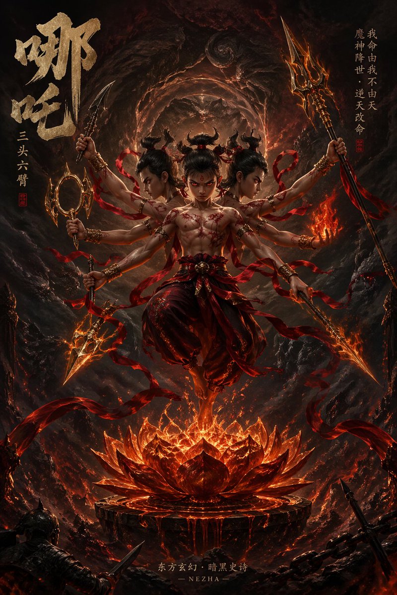 Epic Fantasy Novel Cover: Nezha on Flaming Lotus Throne — Sora 2 Prompt