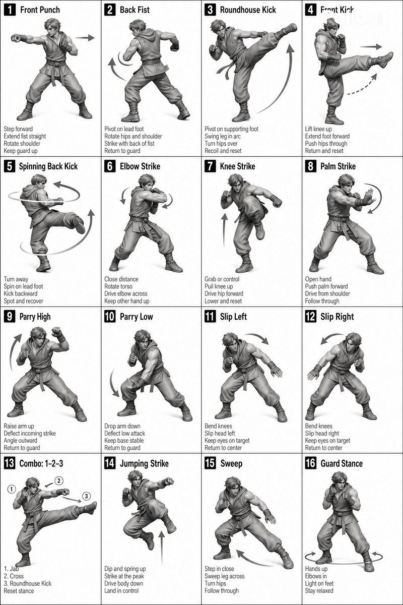 Martial Arts Action Grid — 3D Character Reference Prompt