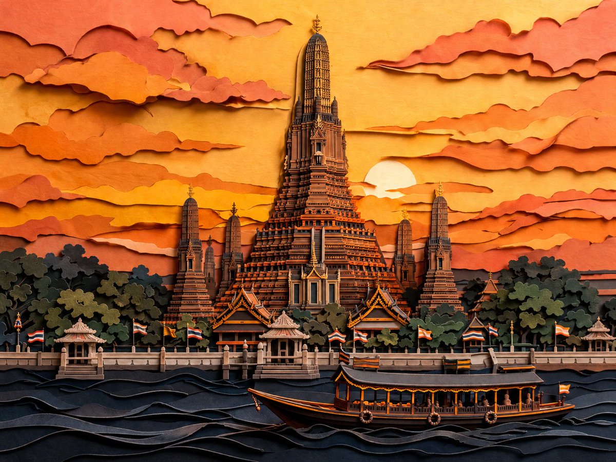 Layered Paper-Cut Art: Wat Arun Sunset — Sora 2 Prompt