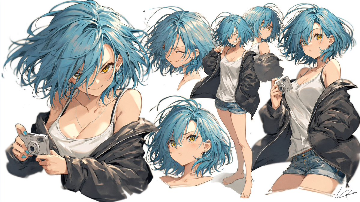 Playful Blue-Haired Anime Girl Reference Sheet — Sora 2 Prompt