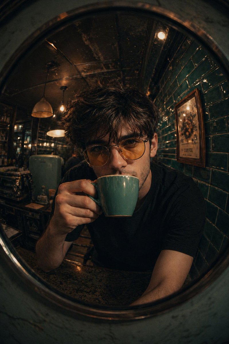 Fisheye Retro Cafe Portrait — Sora 2 Prompt