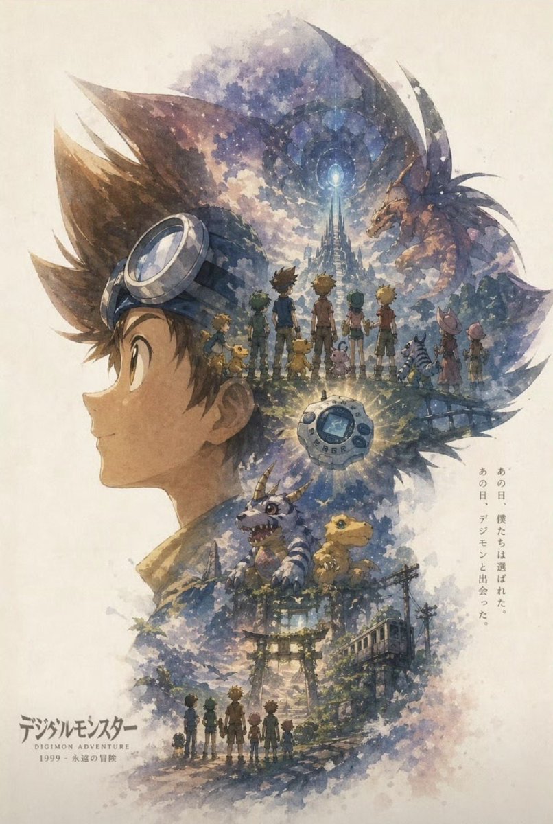 Digimon Nostalgic Watercolor Poster — Sora 2 Prompt