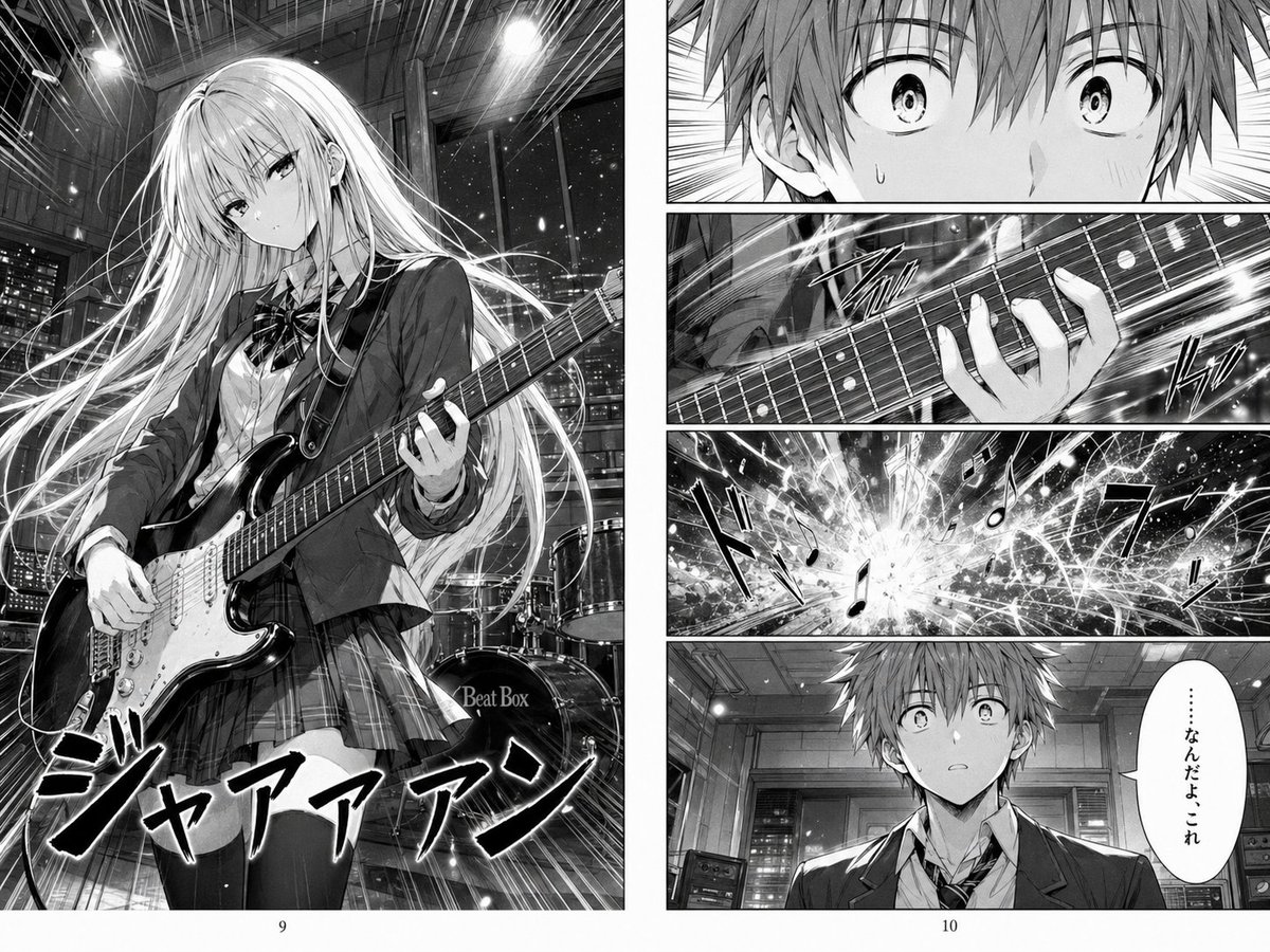 Dramatic Black & White Manga Guitar Reveal Page — Sora 2 Prompt