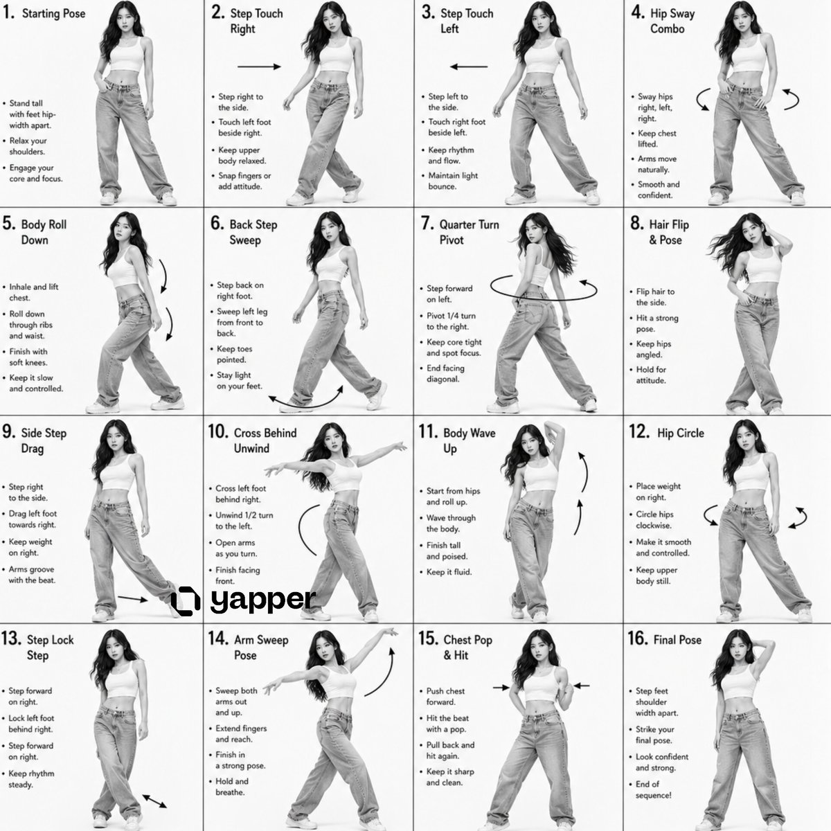 K-Pop 16-Step Dance Tutorial Grid (4×4) — Sora 2 Prompt