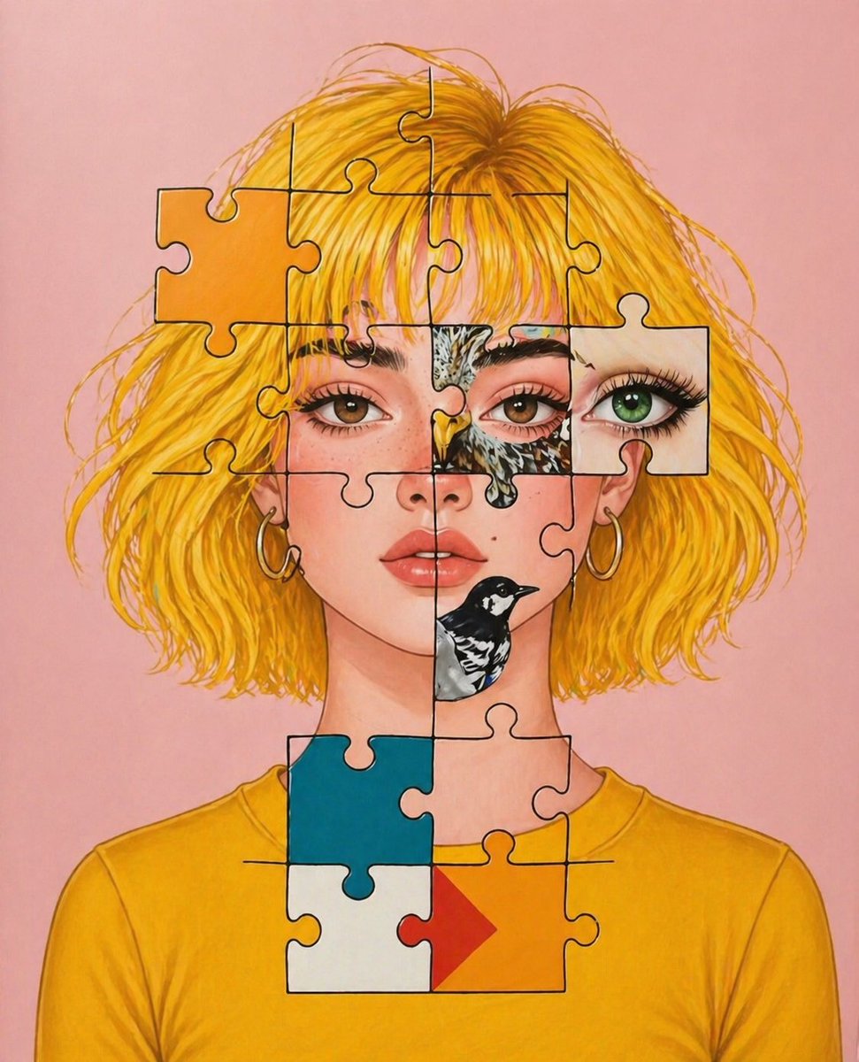 Surreal Puzzle Portrait with Bird Art — Sora 2 Prompt