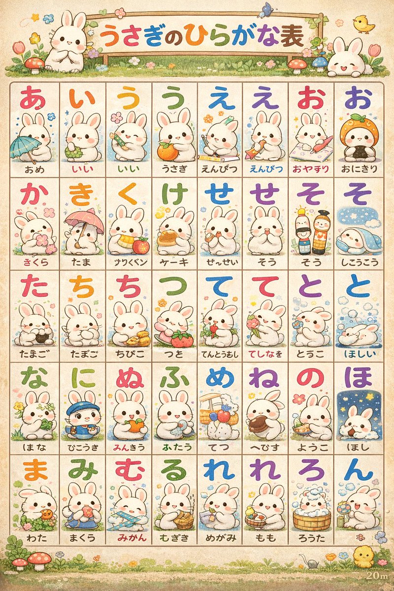 Hiragana Chart with Cute Bunnies — Sora 2 Prompt
