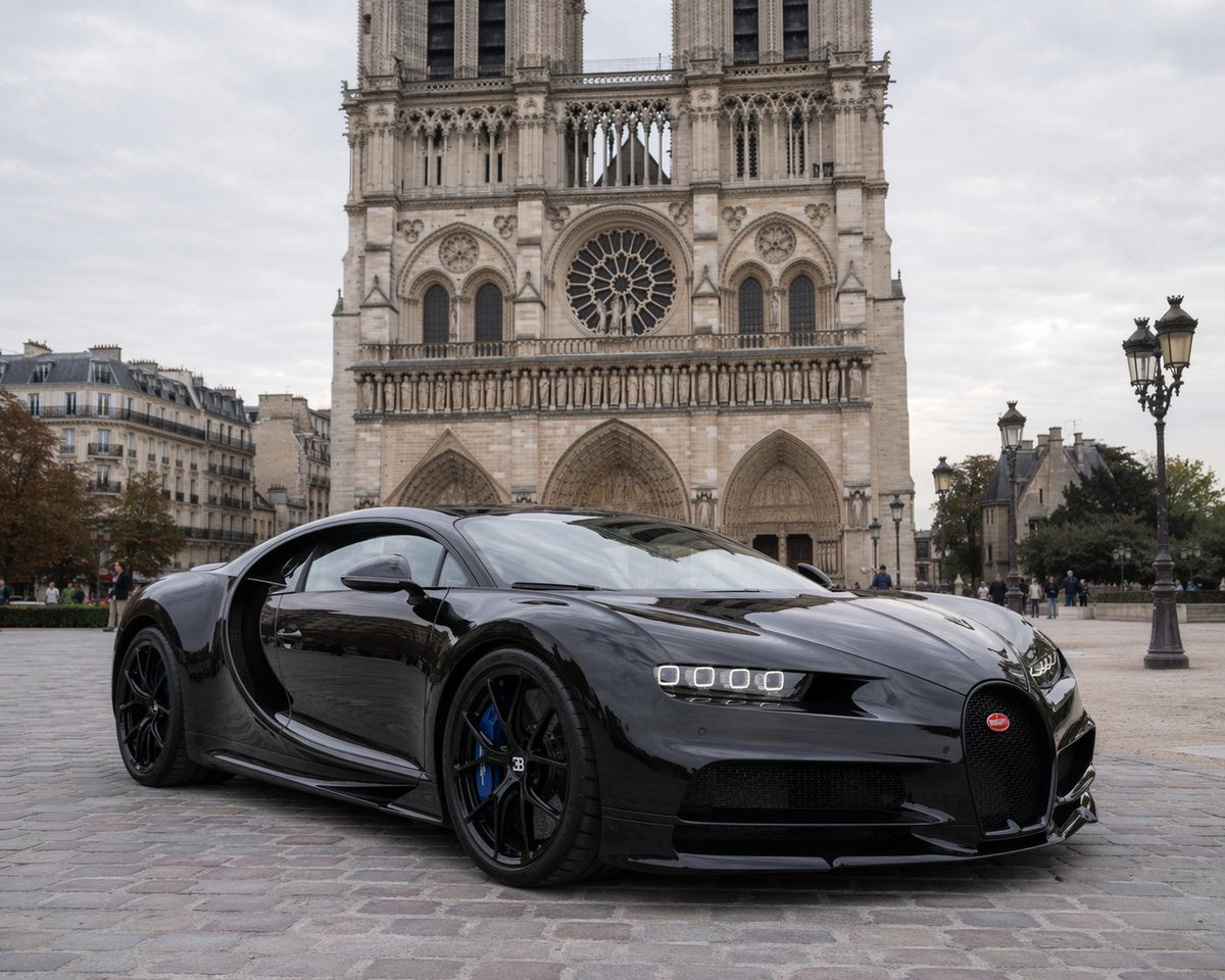 Bugatti Chiron at Notre-Dame — Sora 2 Prompt