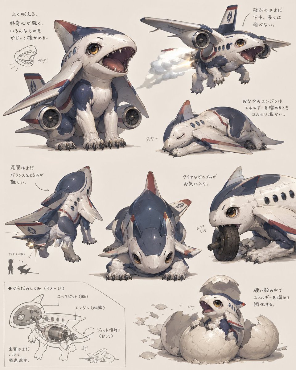Jet Plane Dog Creature Design Sheet — Cute Hybrid Concept Art
