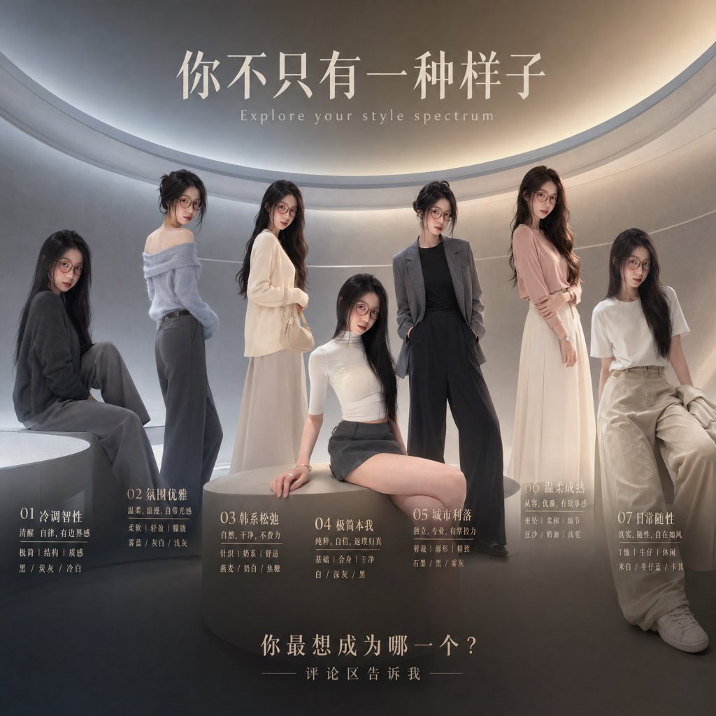 Fashion Style Spectrum Poster: 7 Looks, One Woman — Prompt