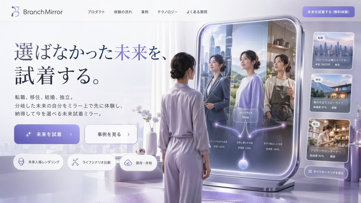 Futuristic Smart Mirror UI — Branching Life Paths Website Design Prompt