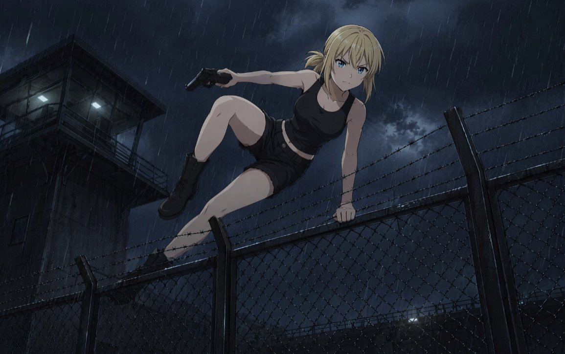 Cinematic Anime Infiltration — Rainy Fence Climb Prompt