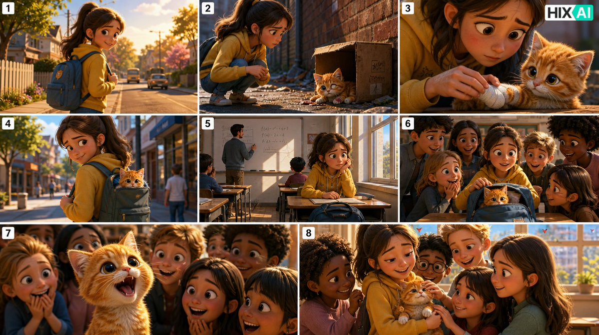 8-Panel Kitten Rescue Storyboard — Cinematic 3D Animation