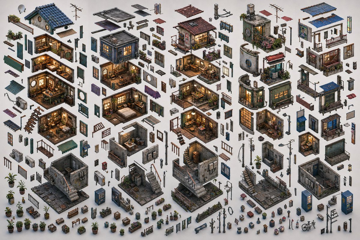 Modular Retro City — Exploded Isometric Asset Atlas