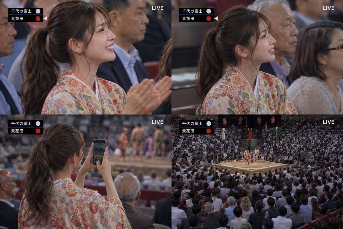 Sumo Tournament Live Collage — Realistic 4-Panel Sora 2 Prompt