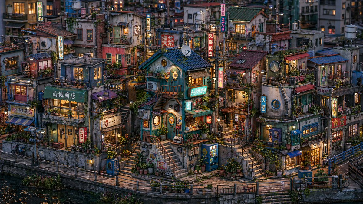 Isometric Japanese Canal Town — Cinematic Dusk Prompt
