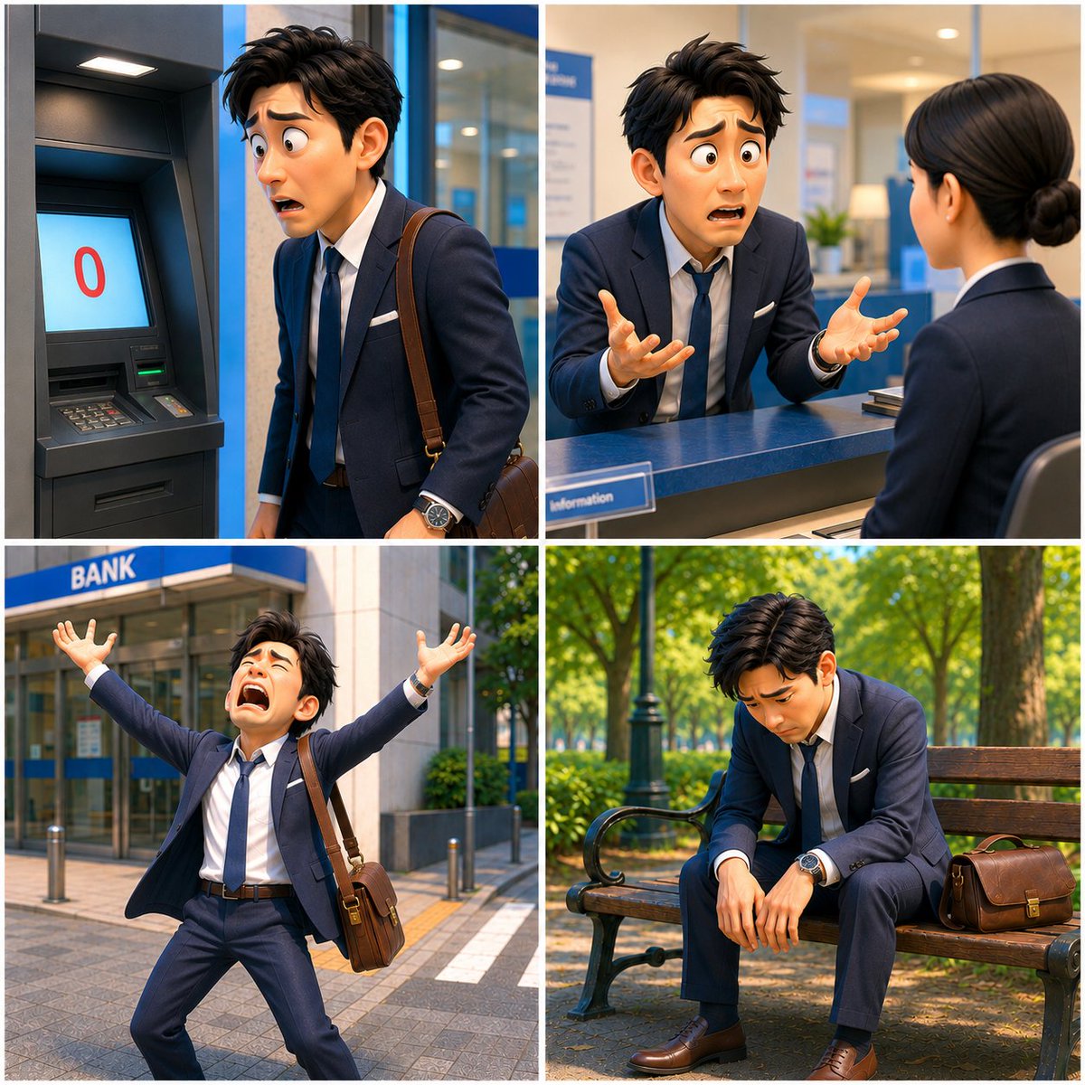Japanese Office Worker Bank Despair Storyboard — Sora 2 Prompt