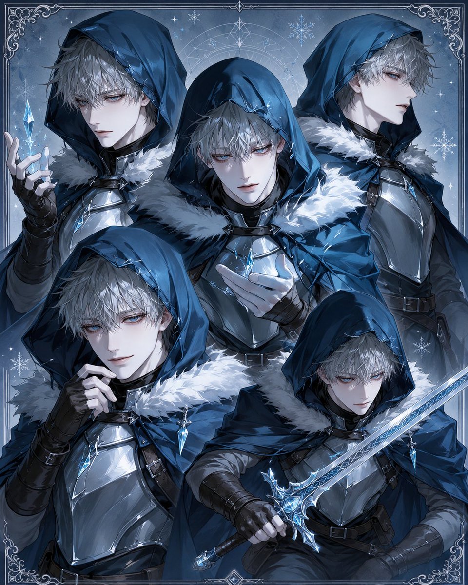 Hooded Frost Knight Character Sheet — 5-Point Pose Collage