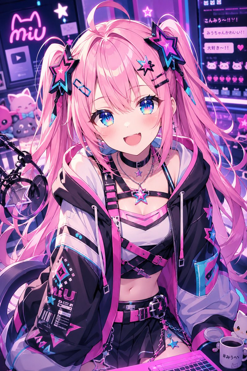 Cyber Cute VTuber Portrait — Neon Streamer Anime Art