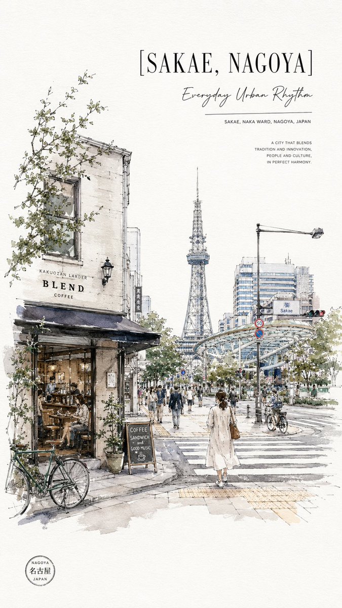 Sakae Nagoya Watercolor Travel Poster — Sora 2 Prompt