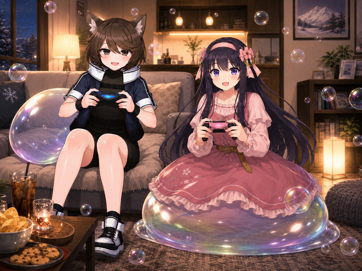Cozy Anime Gaming Night — Two Girls & Iridescent Bubbles