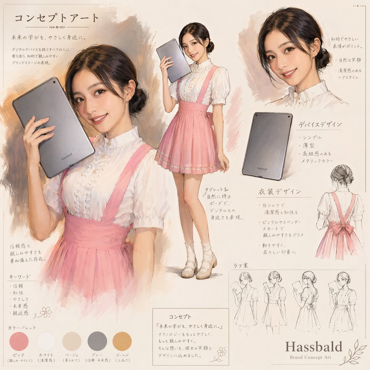 Japanese Fashion & Tablet Concept Art — Soft Watercolor Prompt