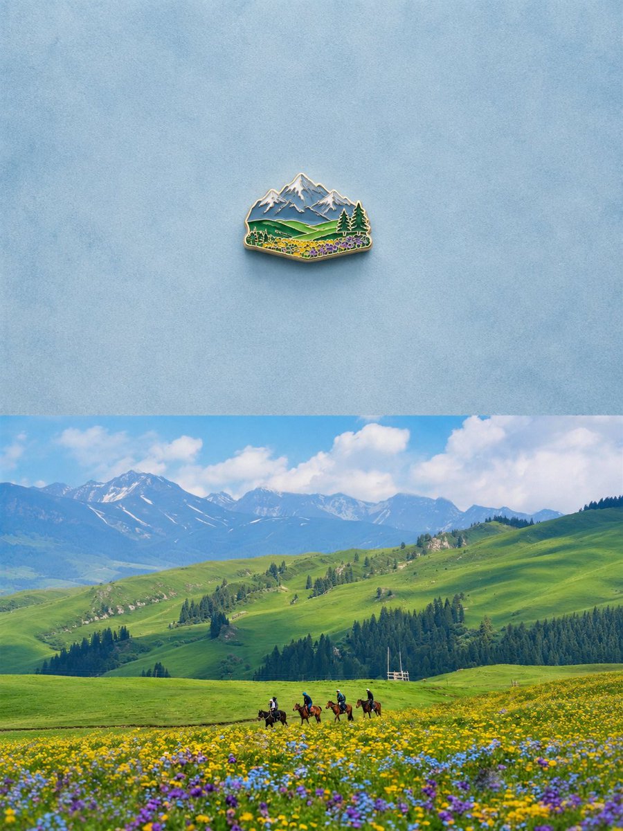 Alpine Landscape Souvenir Pin — Sora 2 Prompt
