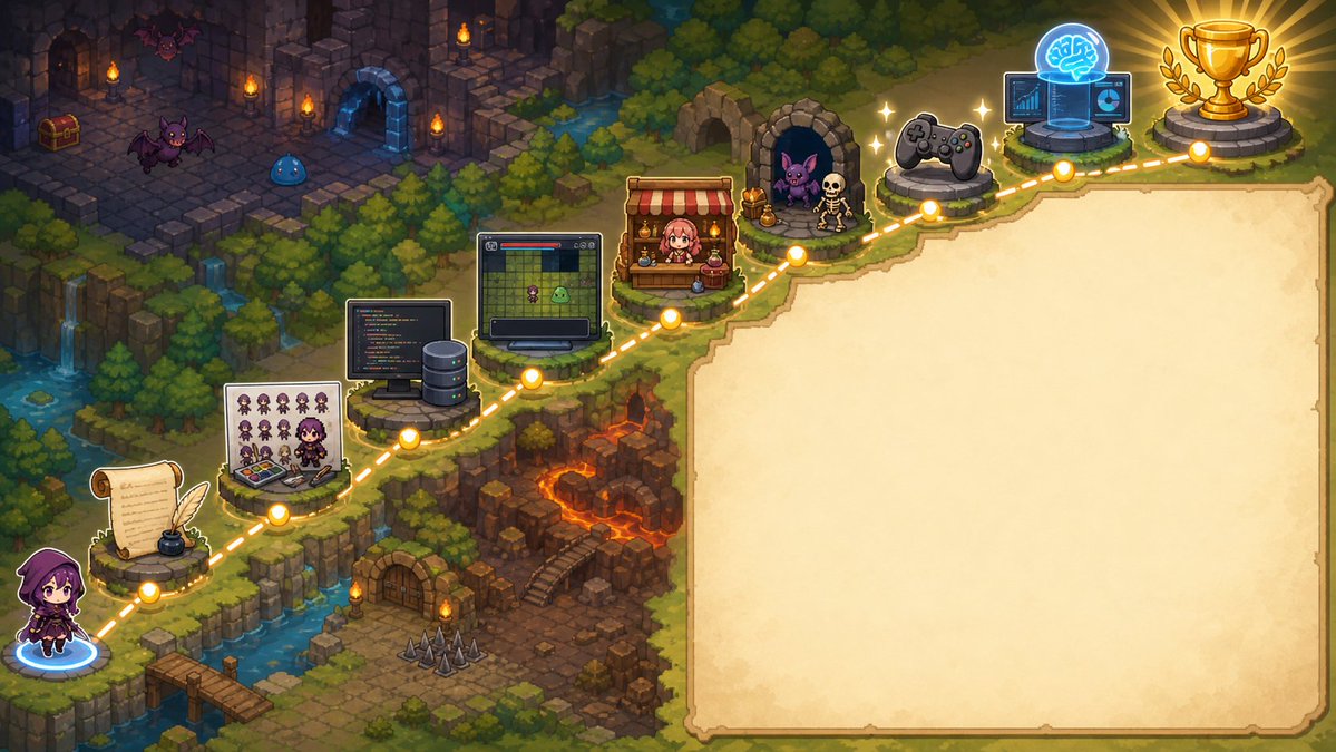 Pixel JRPG Game Dev Roadmap with Blank Panel — Sora 2 Prompt