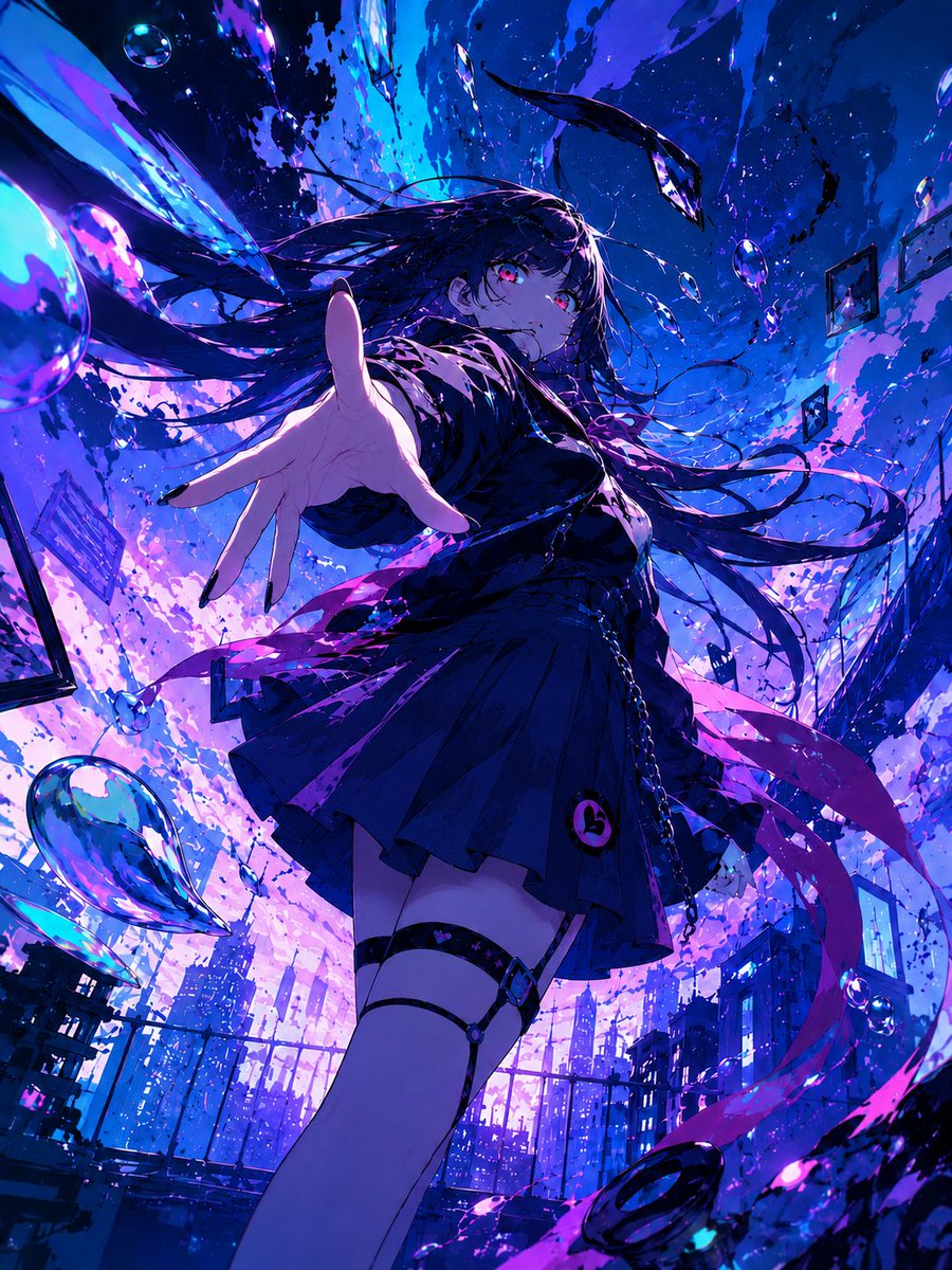 Neon Gothic Anime Rooftop Girl — Dramatic Portrait Prompt
