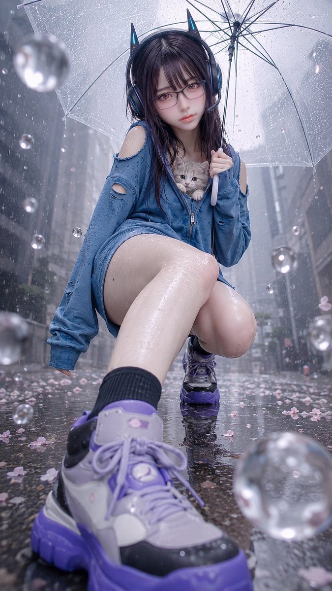 Rainy Cyberpunk Cat-Ear Portrait — Sora 2 Prompt