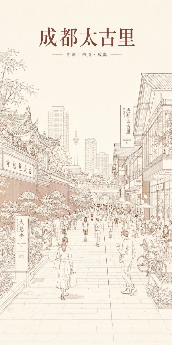 Chengdu Taikoo Li — Monochrome Line Art Travel Poster Prompt