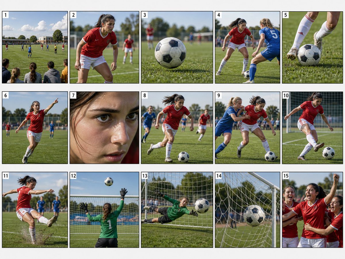 Girls' Football Match Storyboard — 15-Panel Sports Photography