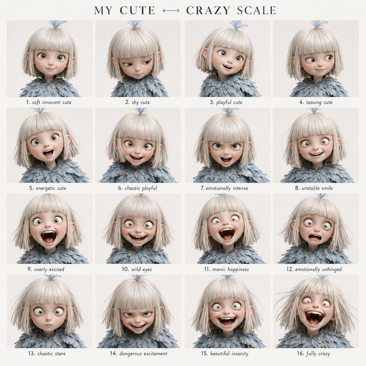 Cute to Crazy Expression Grid — Consistent Character Faces