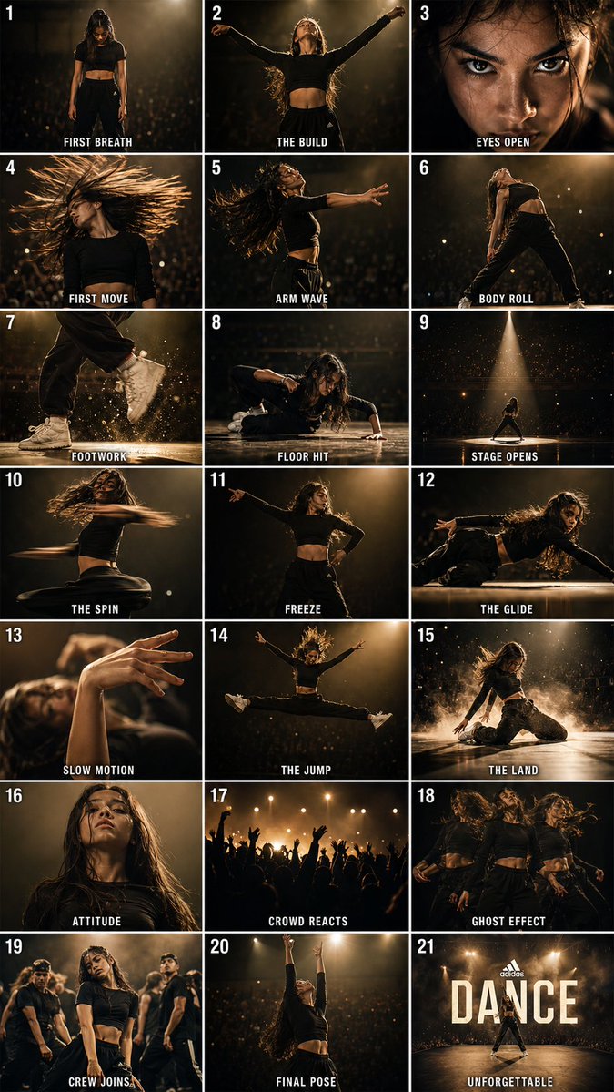 Cinematic Dance Grid — 21-Frame Sora 2 Prompt