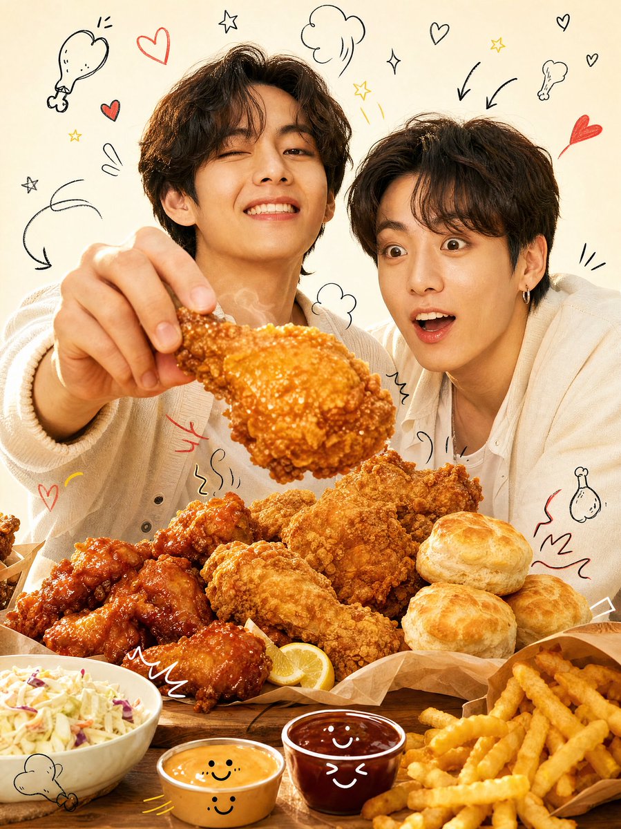 K-Pop Chicken Food Ad with Hand-Drawn Doodle Overlays