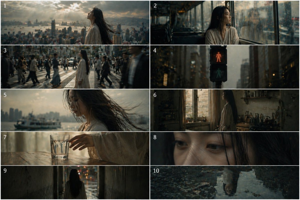Lonely Urban Woman — 10-Frame Cinematic Project Prompt