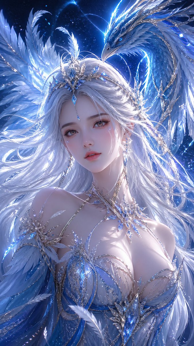Silver-Haired Fantasy Goddess & Ice Phoenix — Sora 2 Prompt