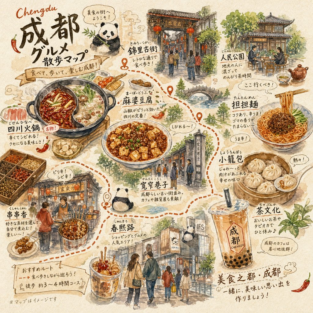 成都美食漫步地图 — 手绘水彩提示词