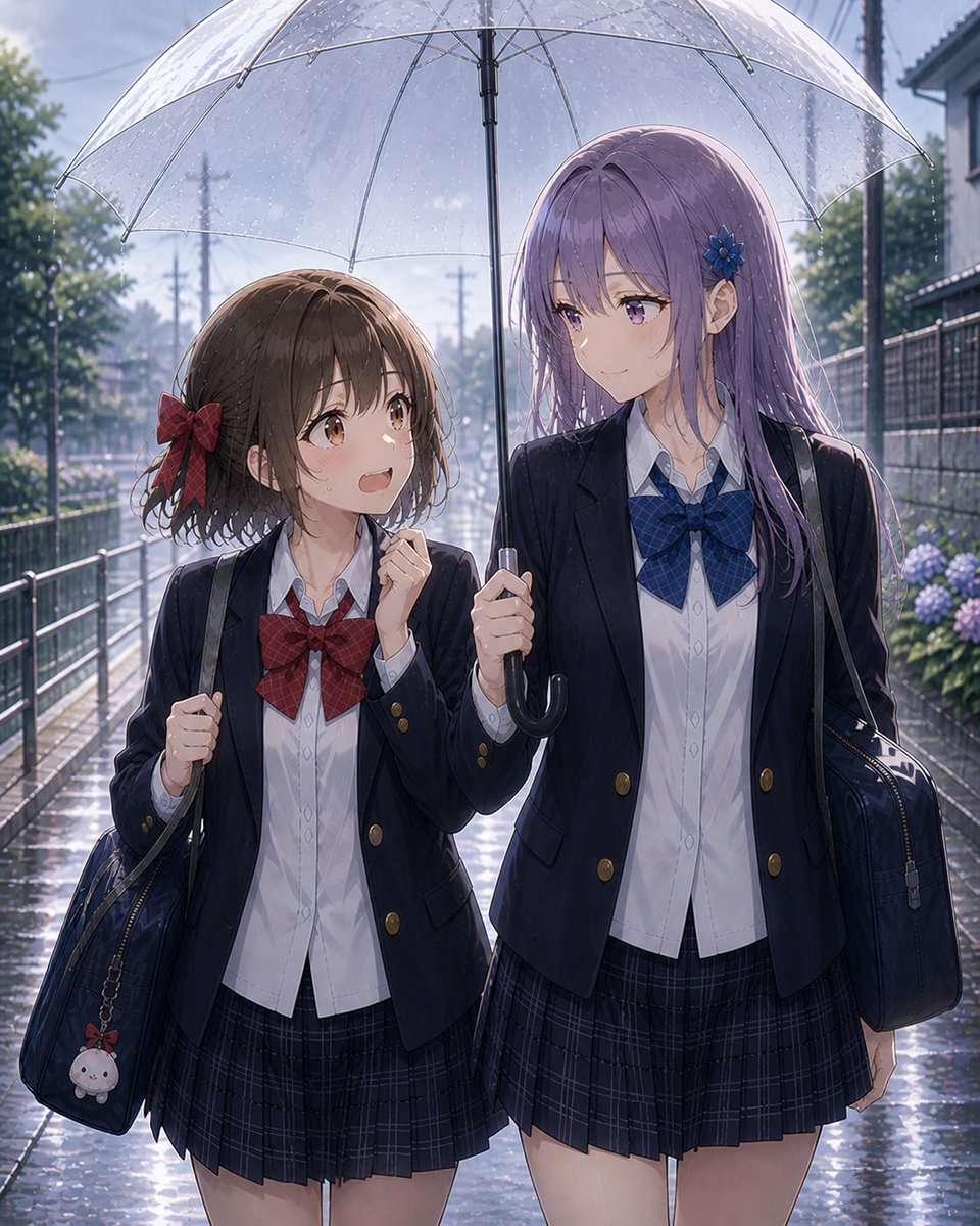 Anime Schoolgirls Sharing Transparent Umbrella — Sora 2 Prompt