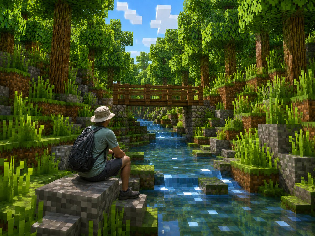 Minecraft Voxel Forest with Realistic Hiker — AI Prompt