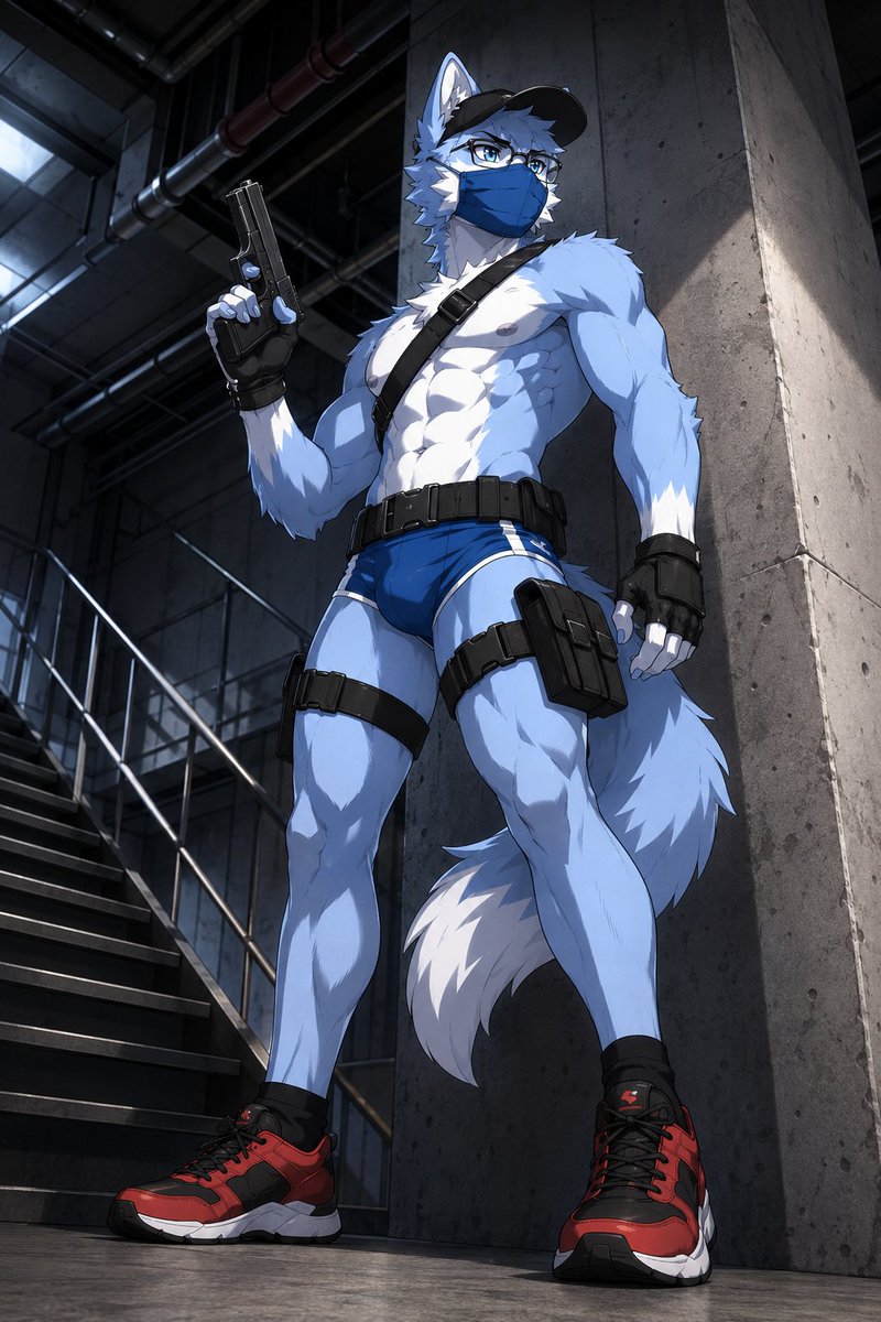Tactical Wolf Agent in Industrial Stairwell — Anime Sora Prompt