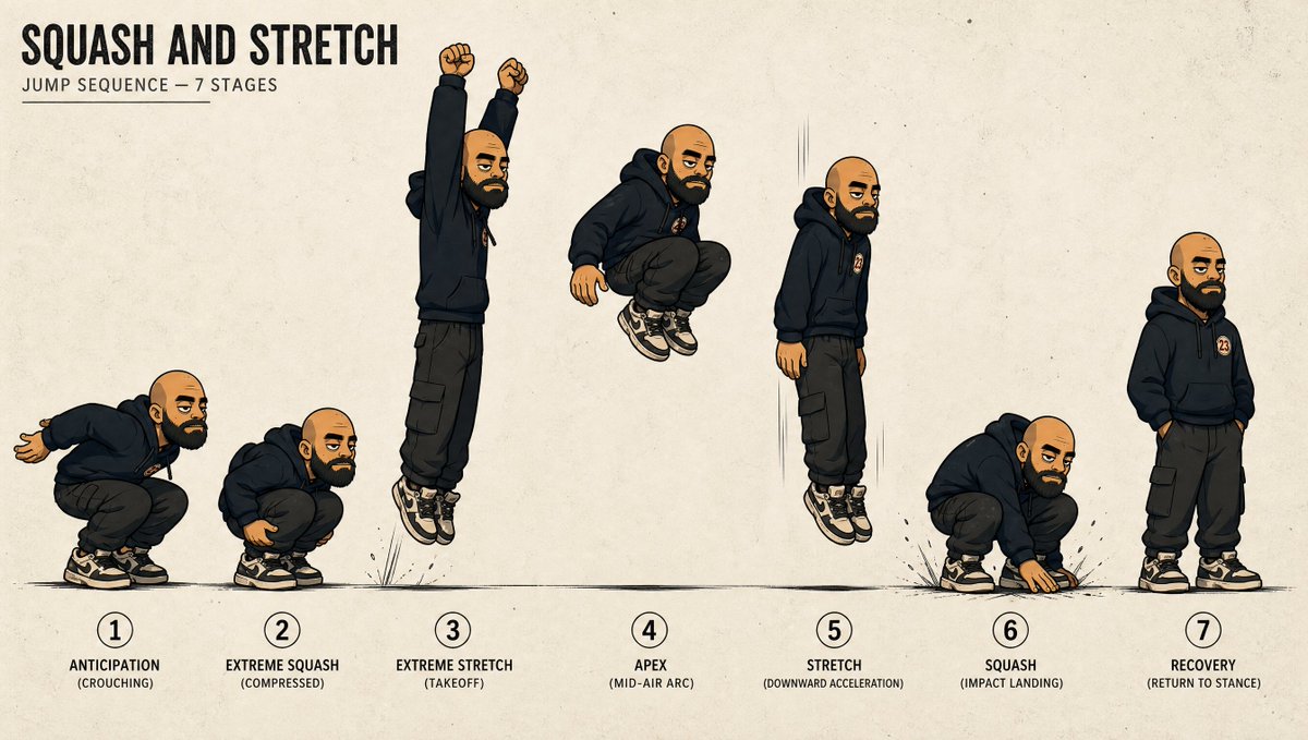 Squash & Stretch Jump Sequence — 7-Stage Animation Sheet
