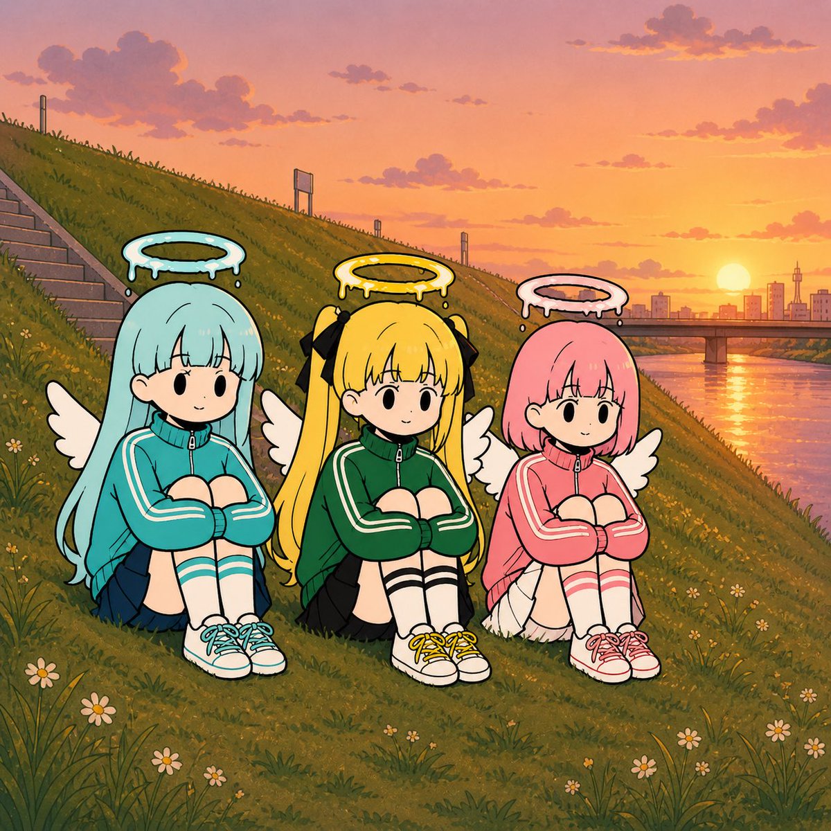 Cute Angel Girls Sunset Anime Prompt