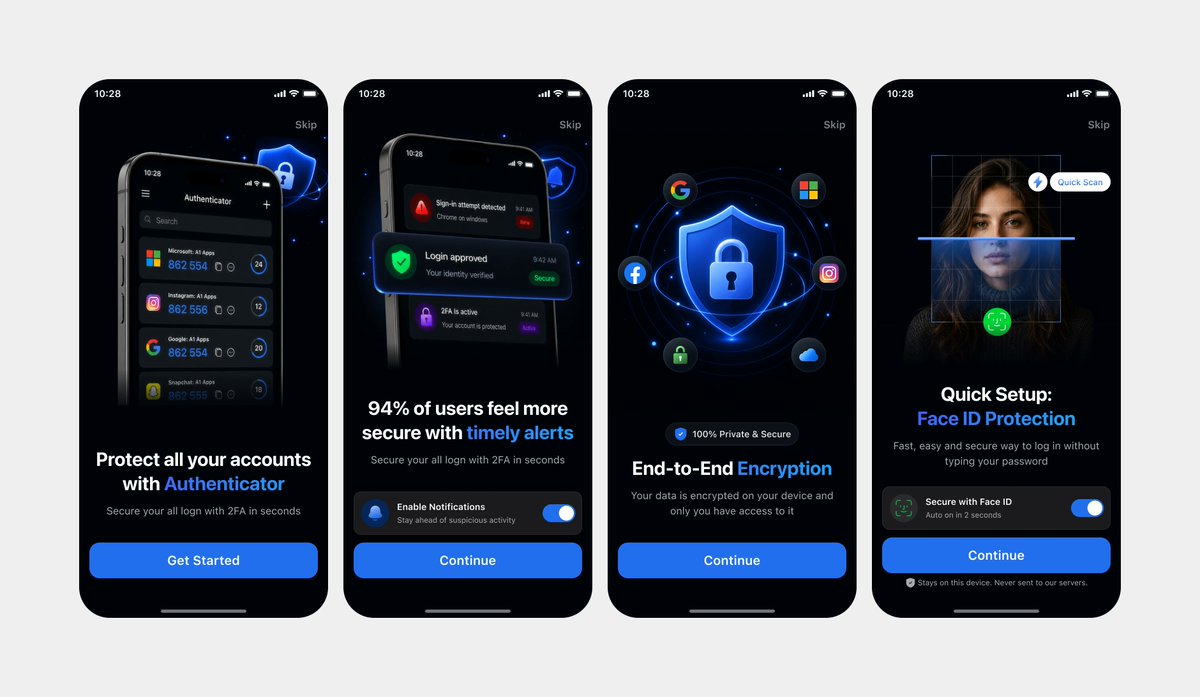 Authenticator Onboarding UI Mockup — Dark Mode 4-Screen